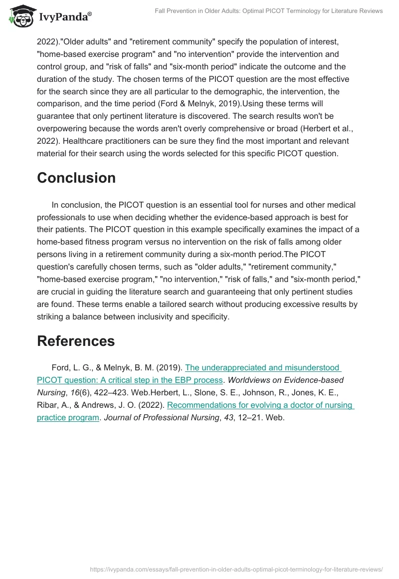 Fall Prevention in Older Adults: Optimal PICOT Terminology for Literature Reviews. Page 2