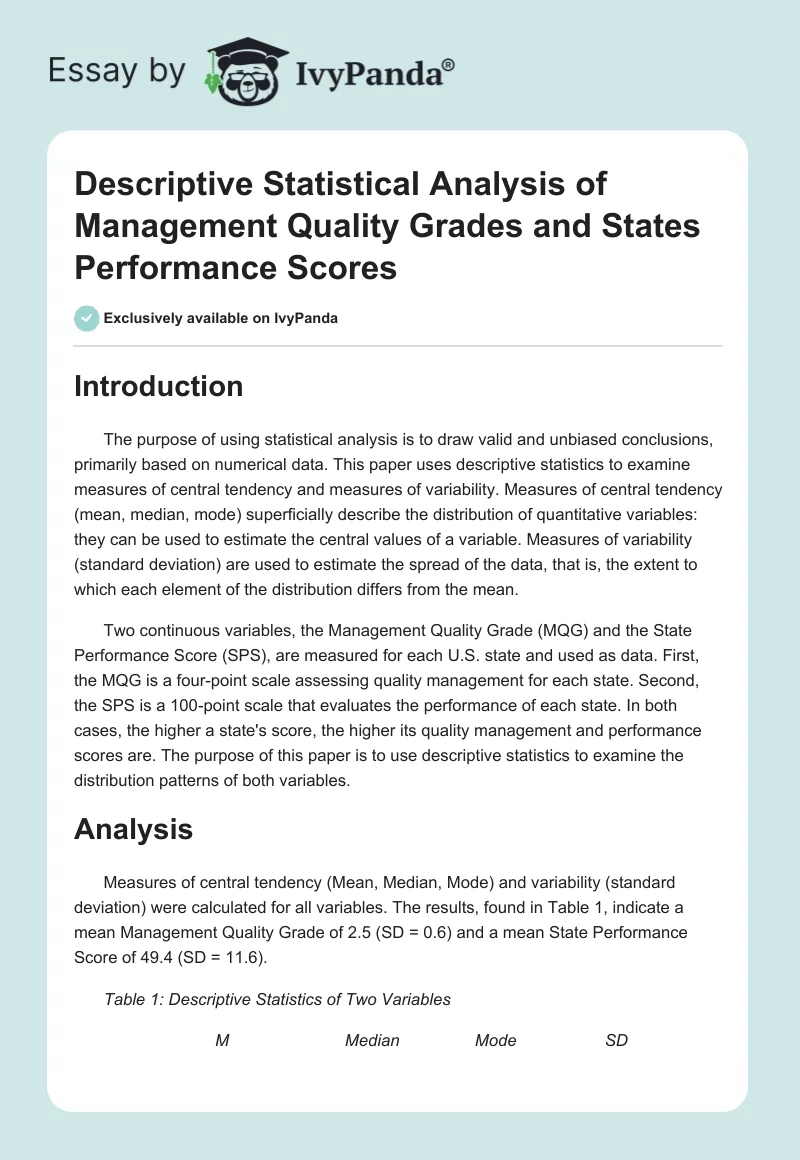 Descriptive Statistical Analysis of Management Quality Grades and States Performance Scores. Page 1