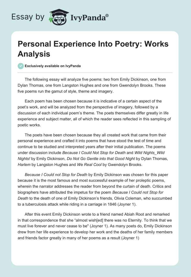 Personal Experience Into Poetry: Works Analysis. Page 1