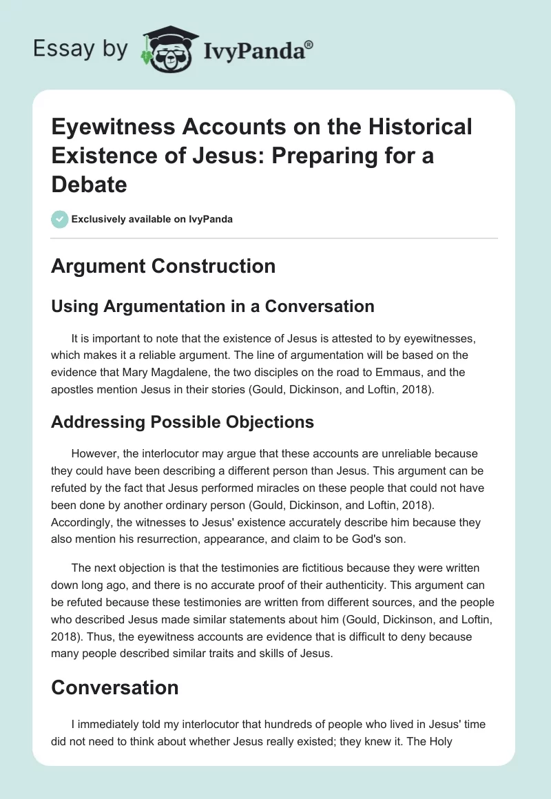 Eyewitness Accounts on the Historical Existence of Jesus: Preparing for a Debate. Page 1