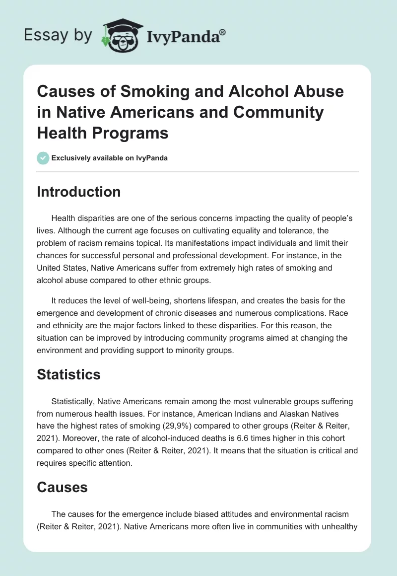 Causes of Smoking and Alcohol Abuse in Native Americans and Community Health Programs. Page 1