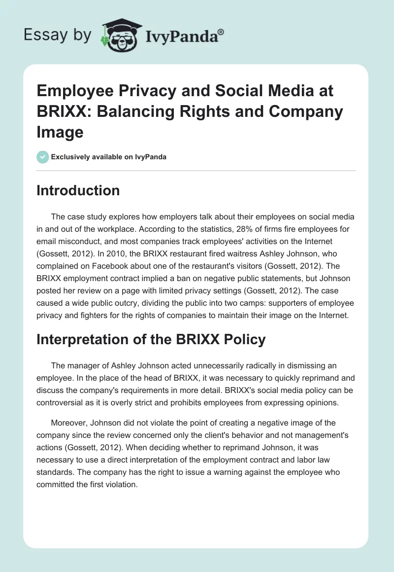 Employee Privacy and Social Media at BRIXX: Balancing Rights and Company Image. Page 1