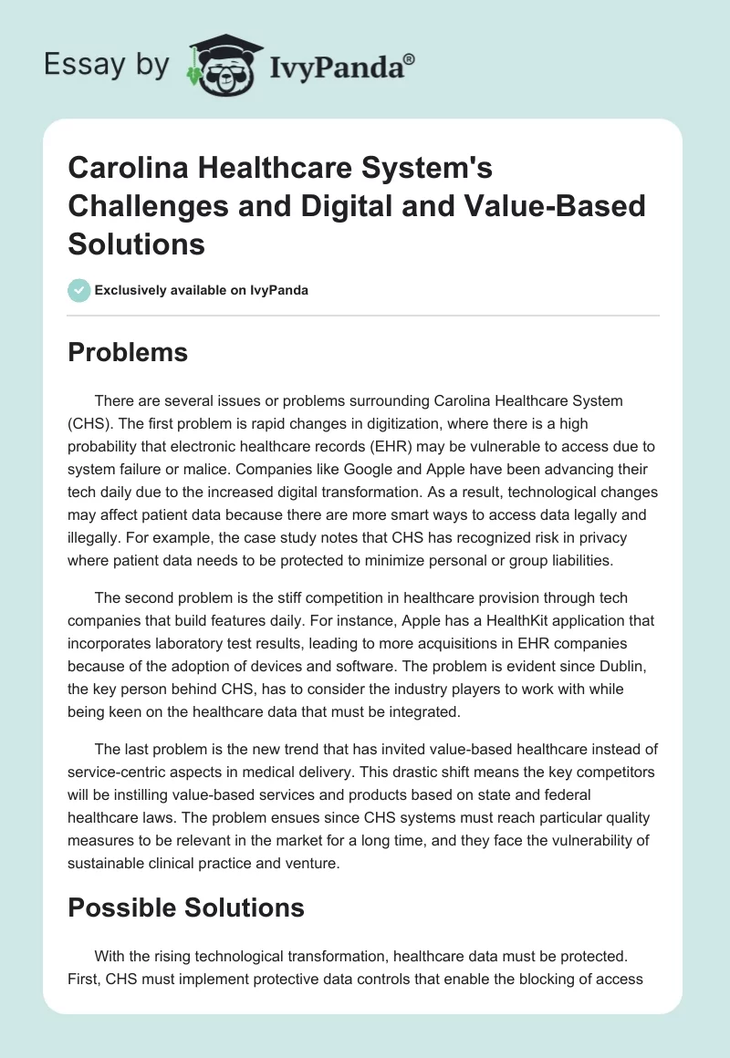 Carolina Healthcare System's Challenges and Digital and Value-Based Solutions. Page 1