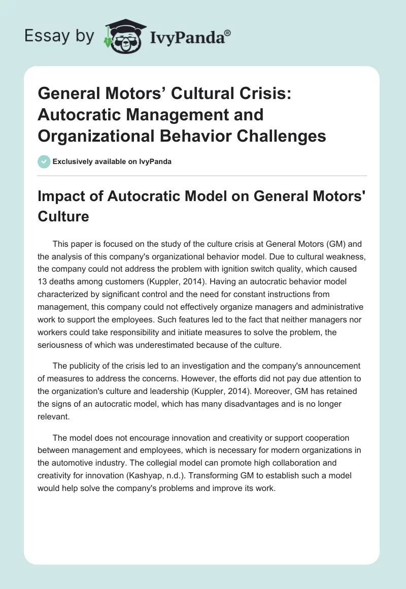 General Motors’ Cultural Crisis: Autocratic Management and Organizational Behavior Challenges. Page 1