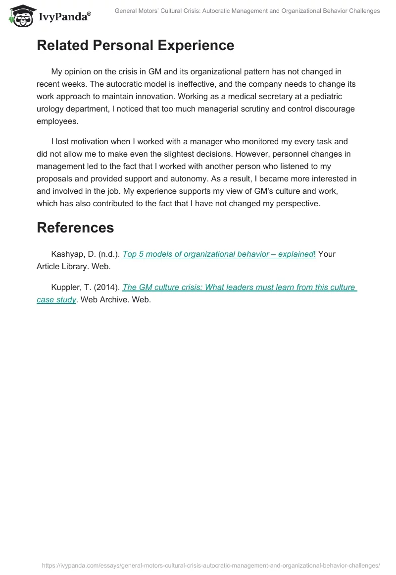 General Motors’ Cultural Crisis: Autocratic Management and Organizational Behavior Challenges. Page 2