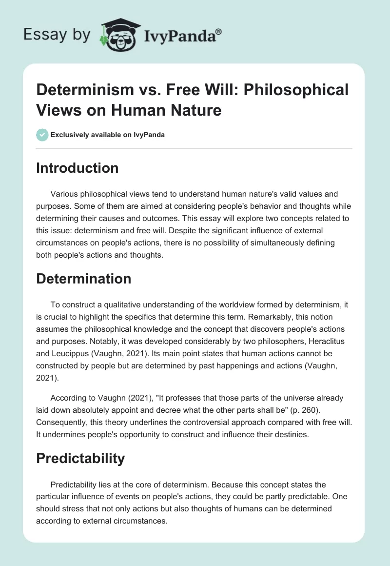 Determinism vs. Free Will: Philosophical Views on Human Nature. Page 1