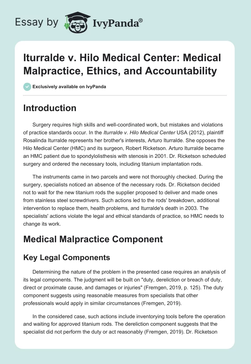 Iturralde v. Hilo Medical Center: Medical Malpractice, Ethics, and Accountability. Page 1