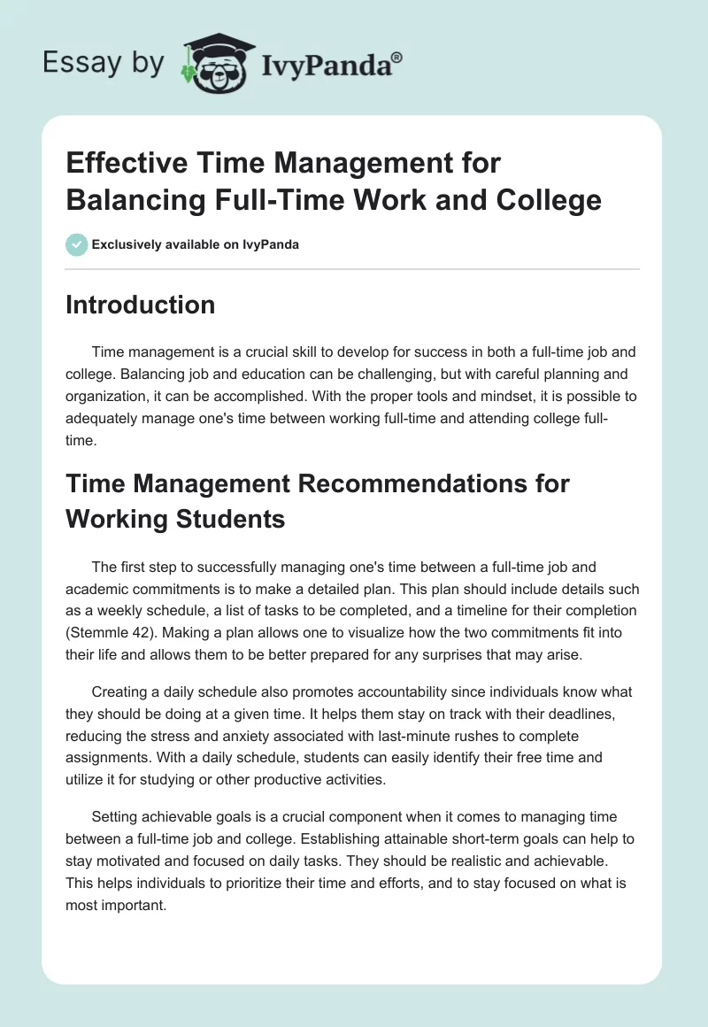 Effective Time Management for Balancing Full-Time Work and College. Page 1