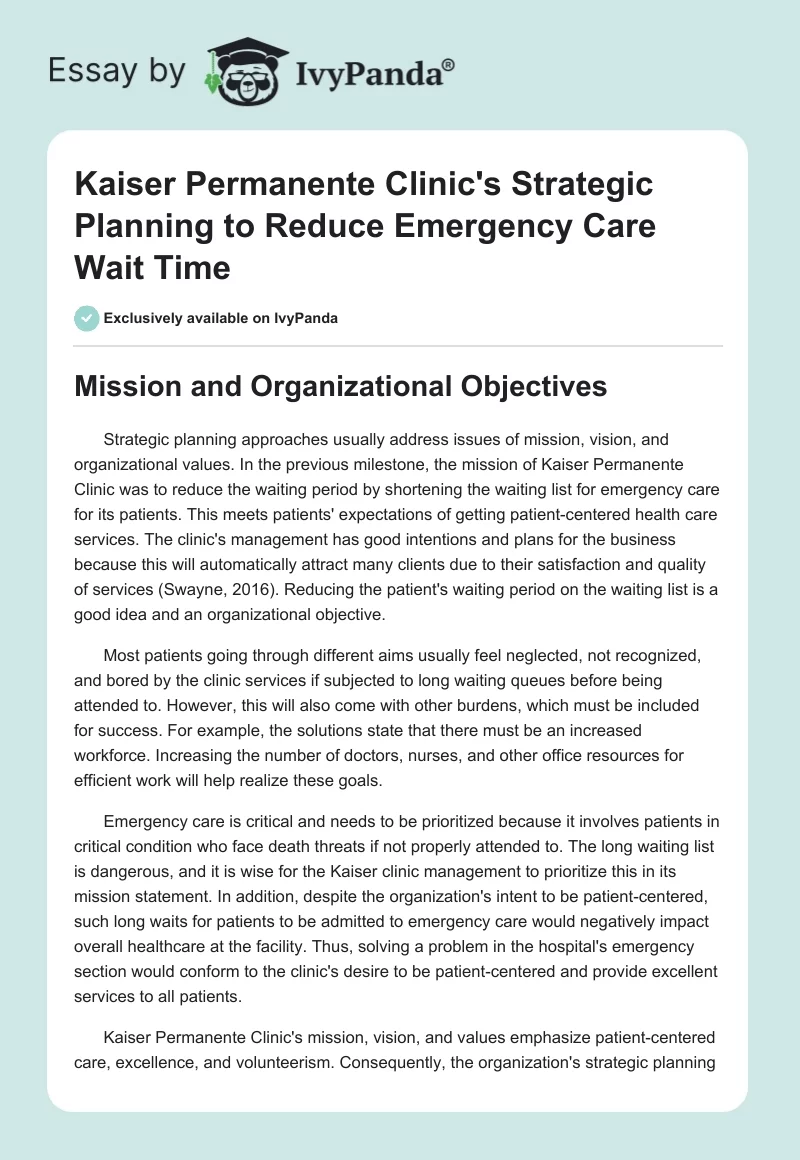 Kaiser Permanente Clinic's Strategic Planning to Reduce Emergency Care Wait Time. Page 1