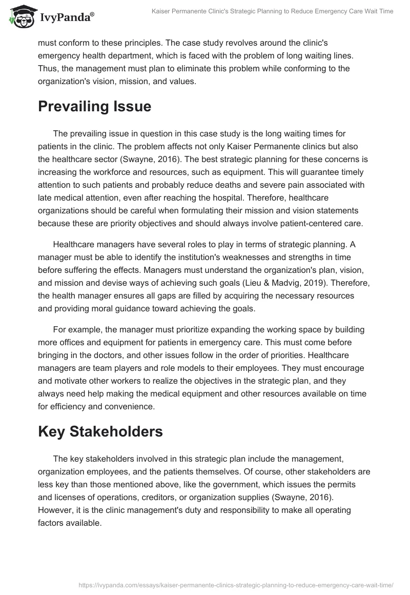 Kaiser Permanente Clinic's Strategic Planning to Reduce Emergency Care Wait Time. Page 2