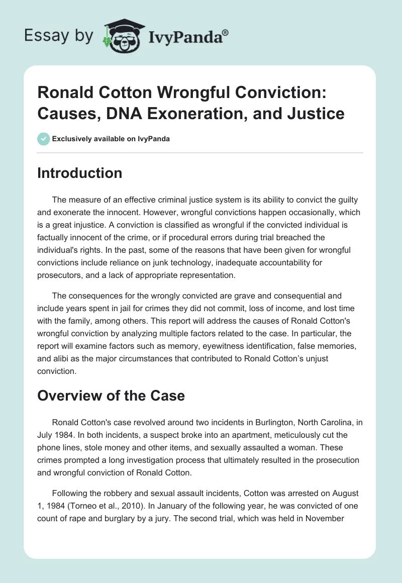 Ronald Cotton Wrongful Conviction: Causes, DNA Exoneration, and Justice. Page 1