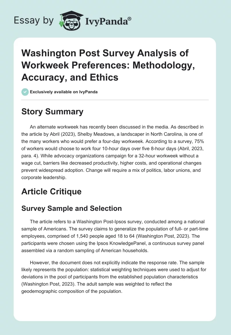 Washington Post Survey Analysis of Workweek Preferences: Methodology, Accuracy, and Ethics. Page 1
