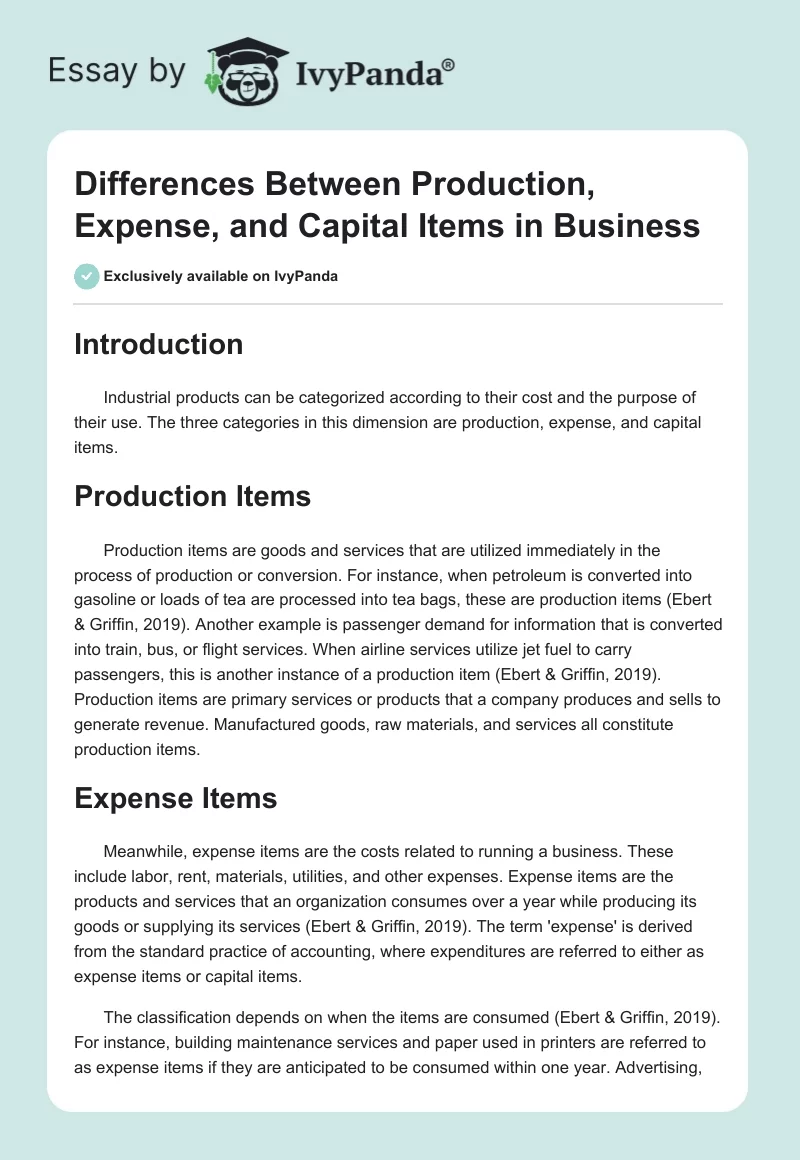 Differences Between Production, Expense, and Capital Items in Business. Page 1