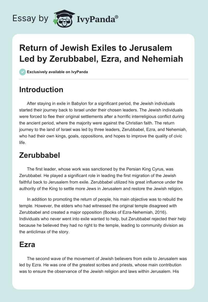 Return of Jewish Exiles to Jerusalem Led by Zerubbabel, Ezra, and Nehemiah. Page 1