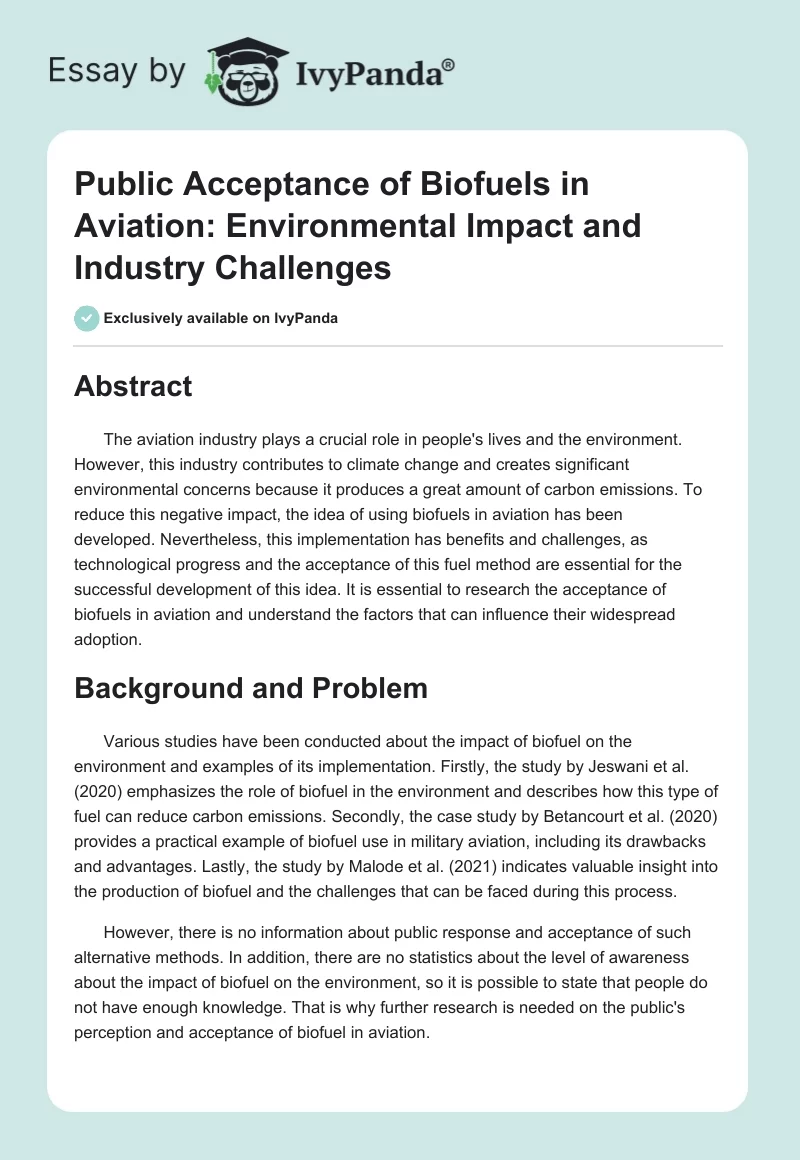 Public Acceptance of Biofuels in Aviation: Environmental Impact and Industry Challenges. Page 1