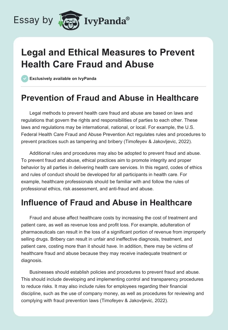 Legal and Ethical Measures to Prevent Health Care Fraud and Abuse. Page 1