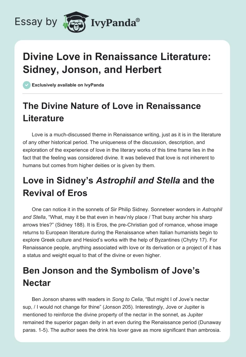 Divine Love in Renaissance Literature: Sidney, Jonson, and Herbert. Page 1