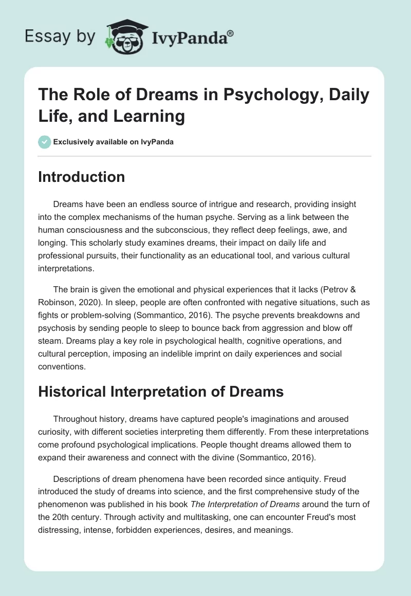The Role of Dreams in Psychology, Daily Life, and Learning. Page 1