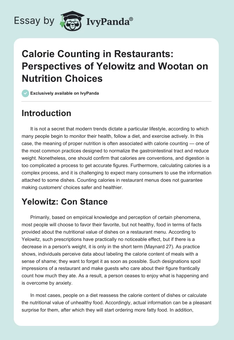 Calorie Counting in Restaurants: Perspectives of Yelowitz and Wootan on Nutrition Choices. Page 1