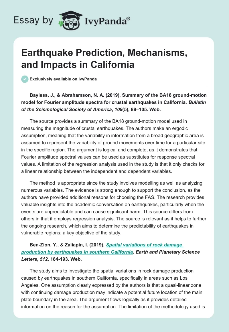 Earthquake Prediction, Mechanisms, and Impacts in California. Page 1