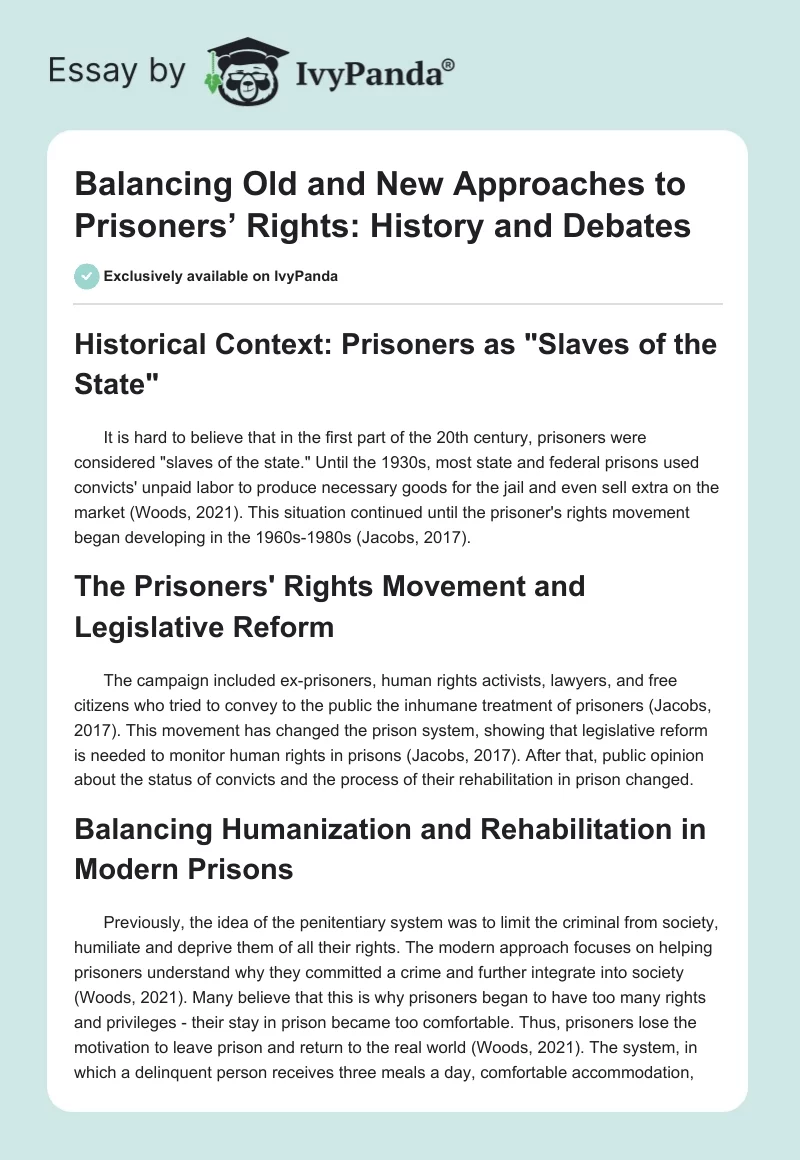 Balancing Old and New Approaches to Prisoners’ Rights: History and Debates. Page 1