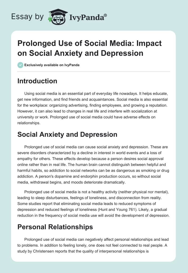 Prolonged Use of Social Media: Impact on Social Anxiety and Depression. Page 1