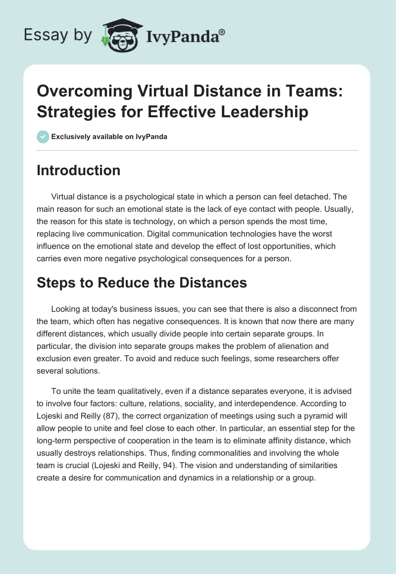 Overcoming Virtual Distance in Teams: Strategies for Effective Leadership. Page 1