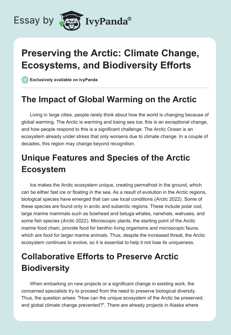 Preserving the Arctic: Climate Change, Ecosystems, and Biodiversity Efforts. Page 1