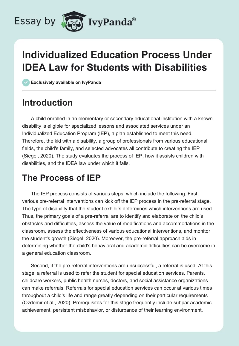 Individualized Education Process Under IDEA Law for Students with Disabilities. Page 1