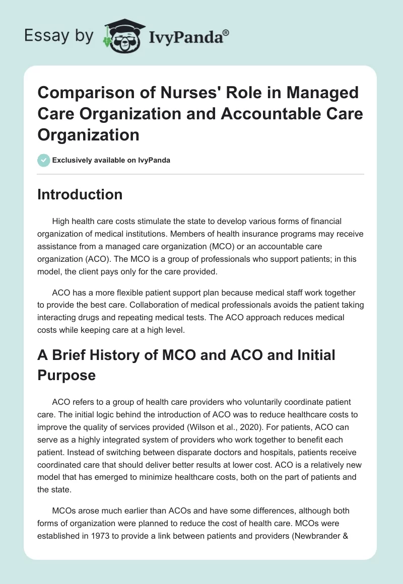 Comparison of Nurses' Role in Managed Care Organization and Accountable Care Organization. Page 1