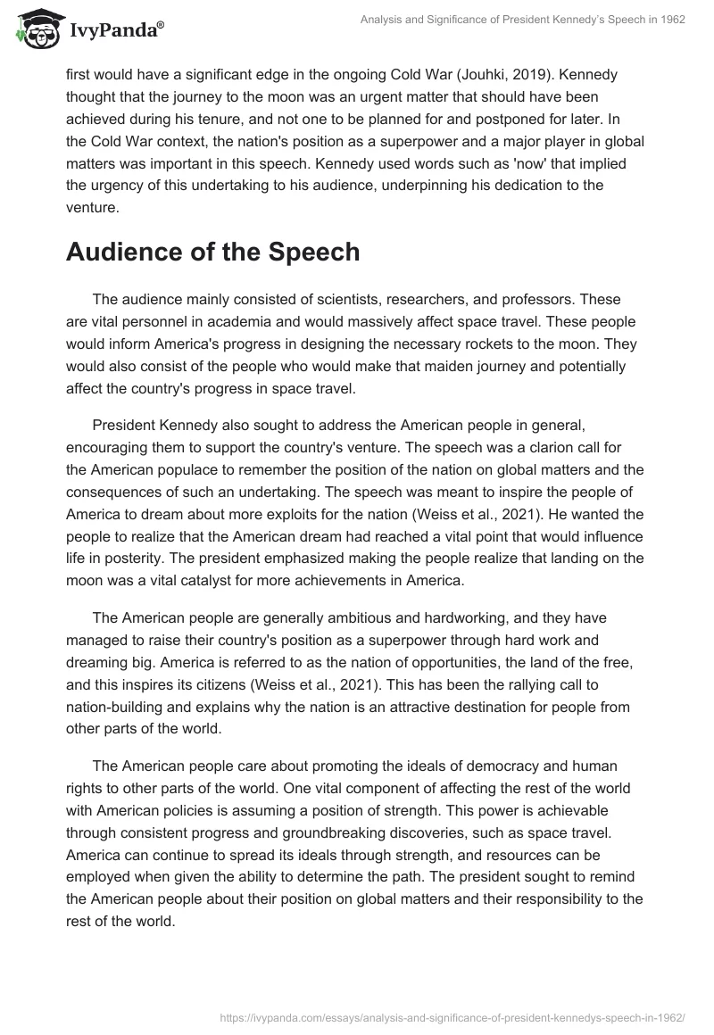 Analysis and Significance of President Kennedy’s Speech in 1962. Page 2