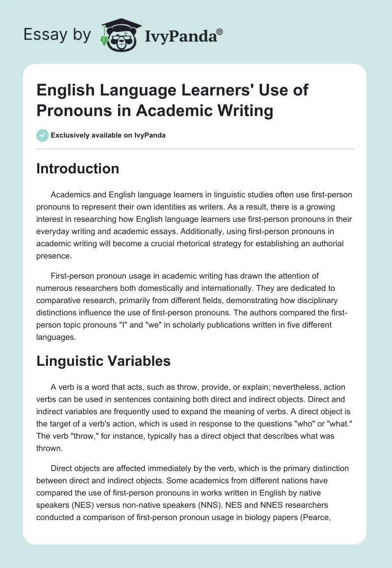 English Language Learners' Use of Pronouns in Academic Writing. Page 1