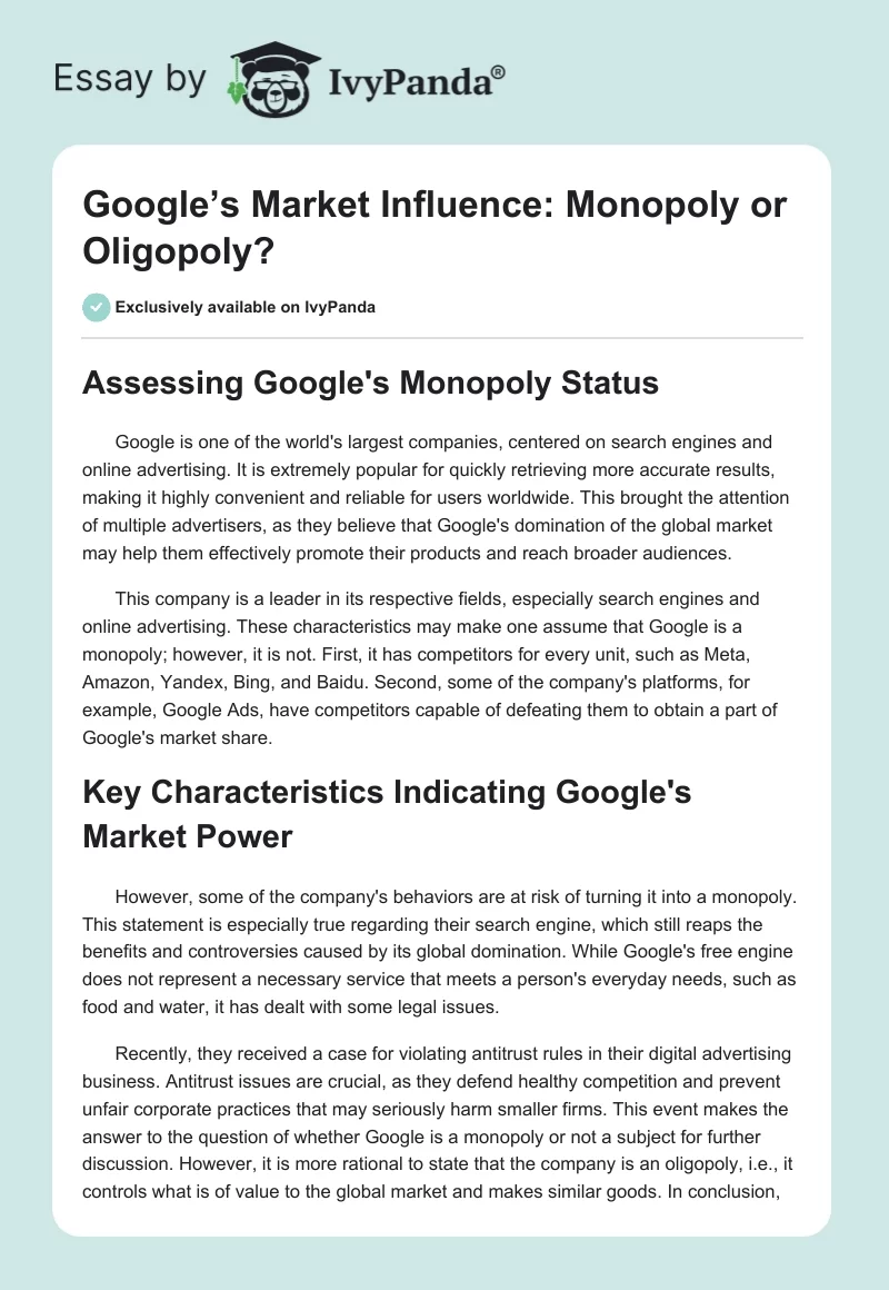 Google’s Market Influence: Monopoly or Oligopoly?. Page 1
