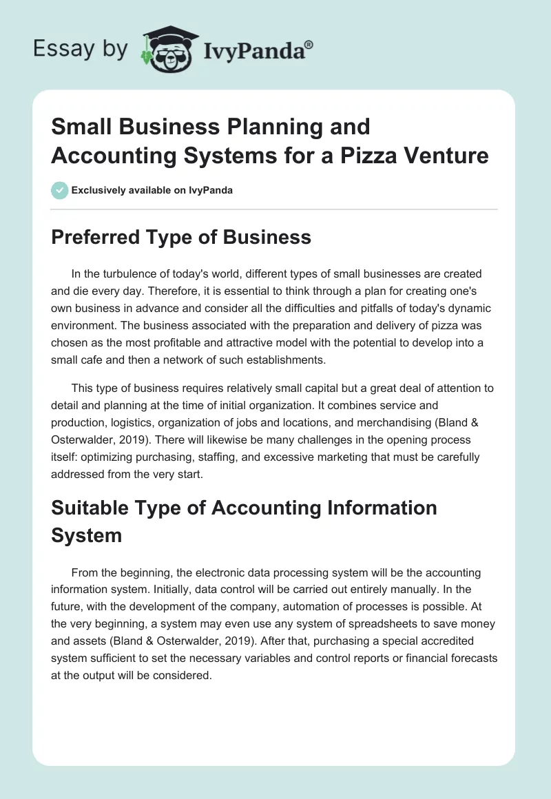 Small Business Planning and Accounting Systems for a Pizza Venture. Page 1