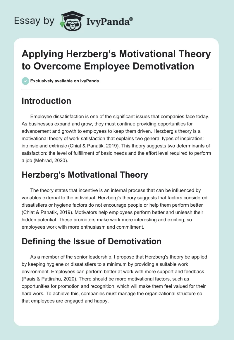 Applying Herzberg’s Motivational Theory to Overcome Employee Demotivation. Page 1