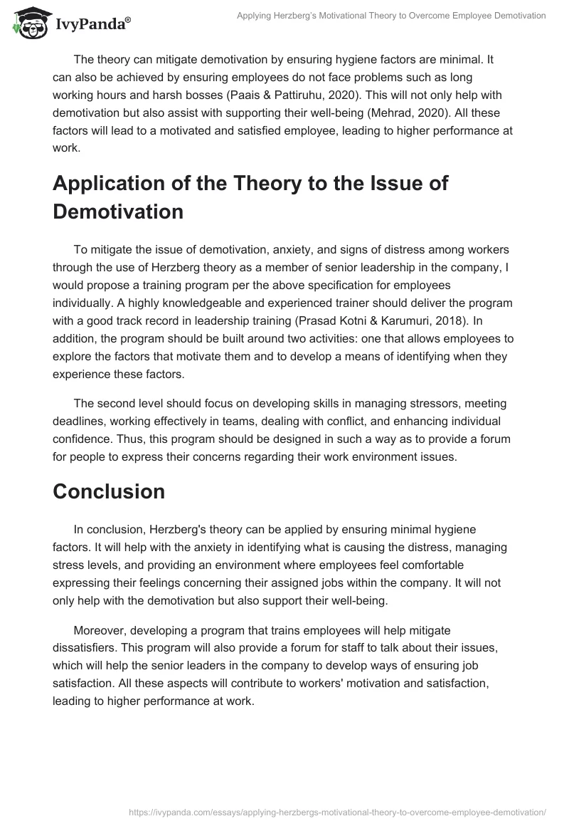 Applying Herzberg’s Motivational Theory to Overcome Employee Demotivation. Page 2