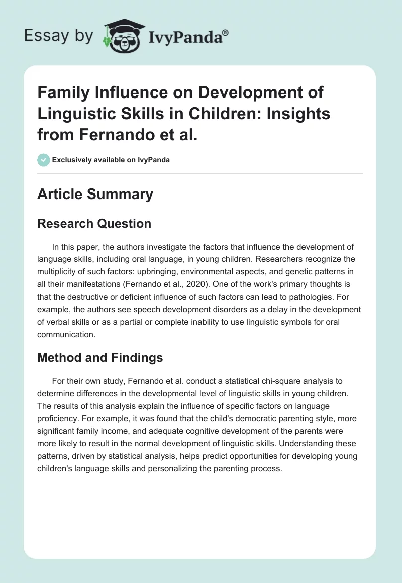 Family Influence on Development of Linguistic Skills in Children: Insights from Fernando et al.. Page 1