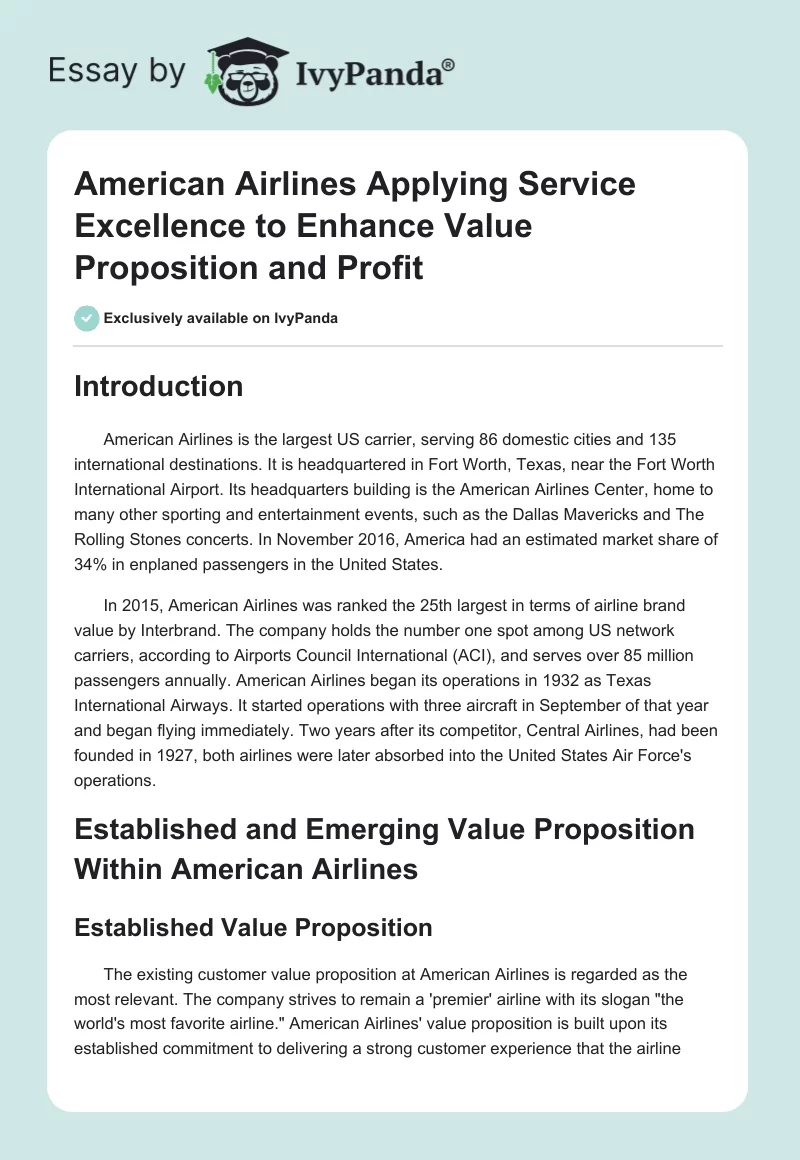 American Airlines Applying Service Excellence to Enhance Value Proposition and Profit. Page 1