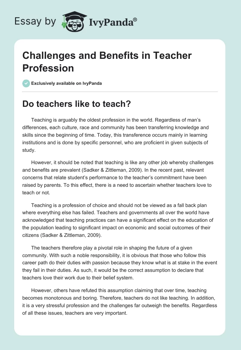 Challenges and Benefits in Teacher Profession. Page 1