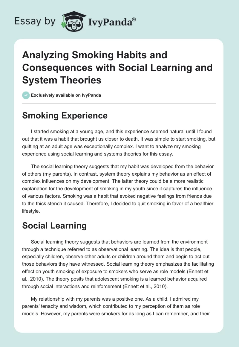 Analyzing Smoking Habits and Consequences with Social Learning and System Theories. Page 1