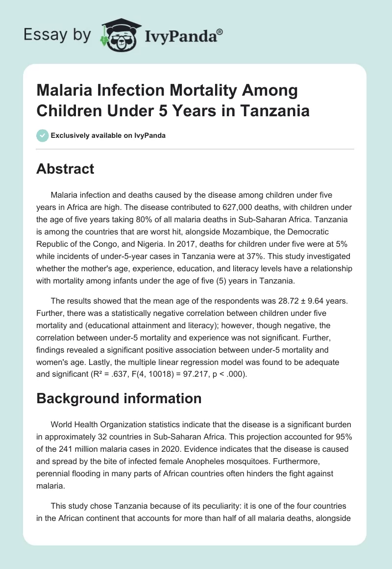 Malaria Infection Mortality Among Children Under 5 Years in Tanzania. Page 1