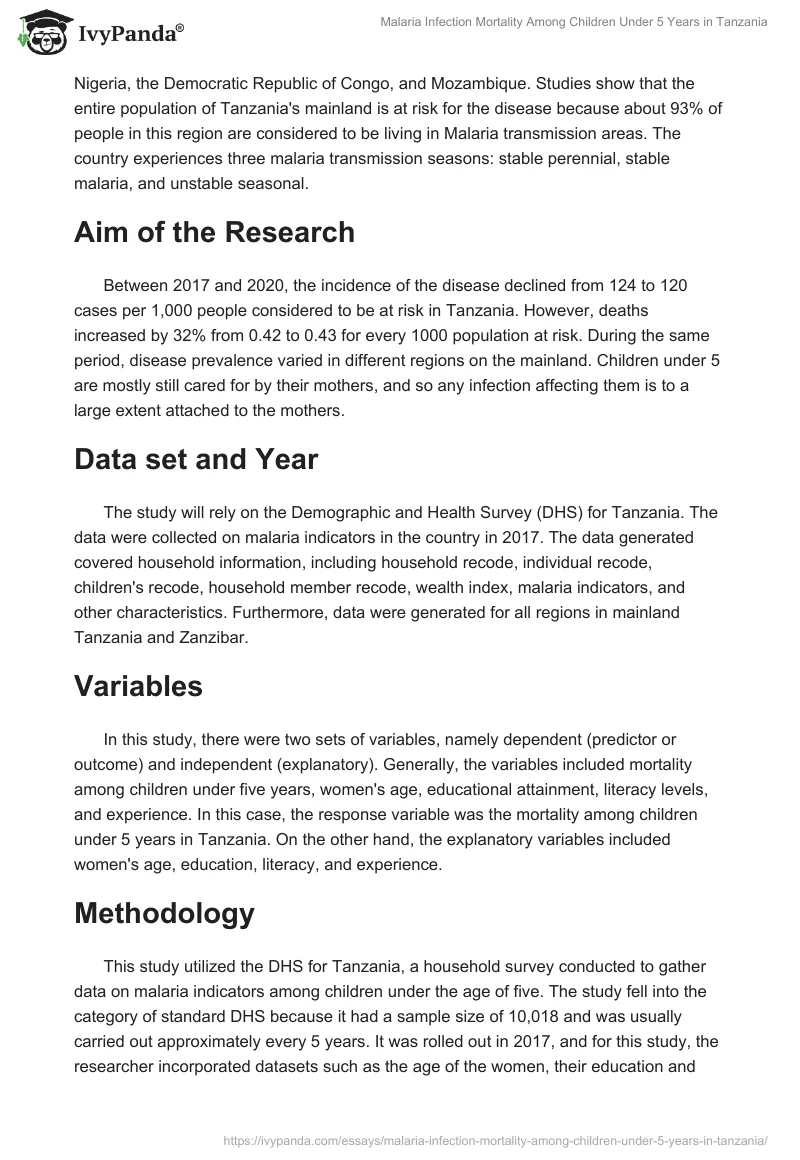 Malaria Infection Mortality Among Children Under 5 Years in Tanzania. Page 2