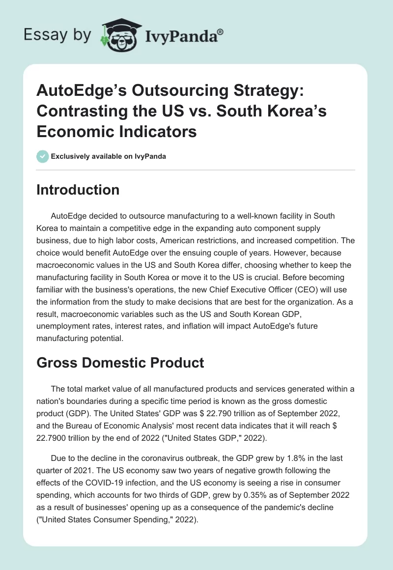 AutoEdge’s Outsourcing Strategy: Contrasting the US vs. South Korea’s Economic Indicators. Page 1