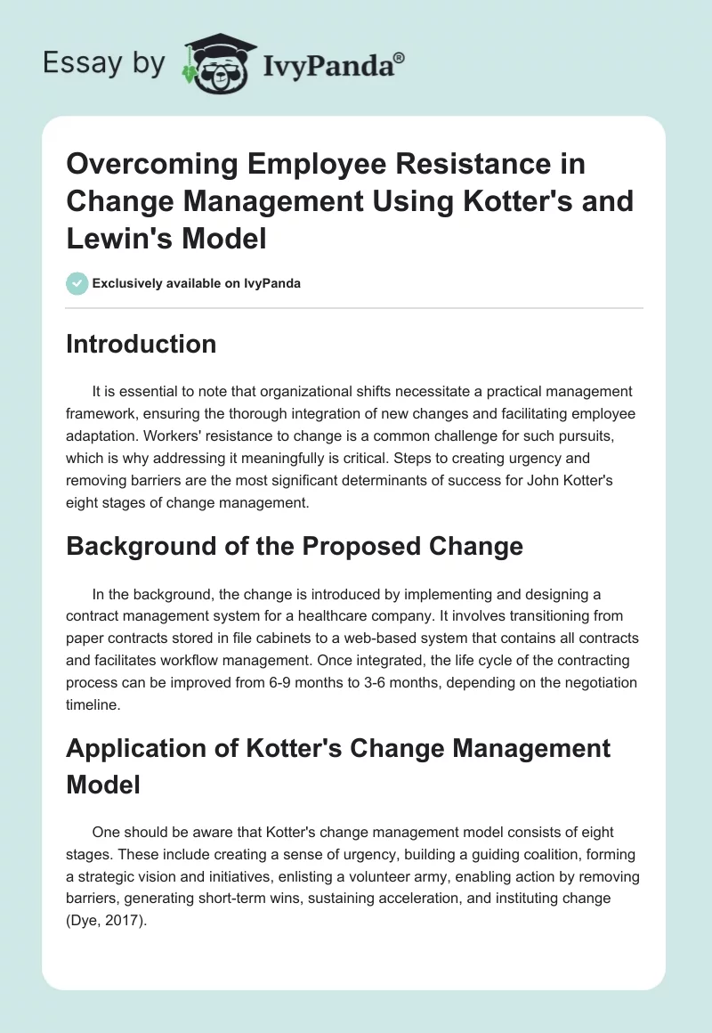 Overcoming Employee Resistance in Change Management Using Kotter's and Lewin's Model. Page 1