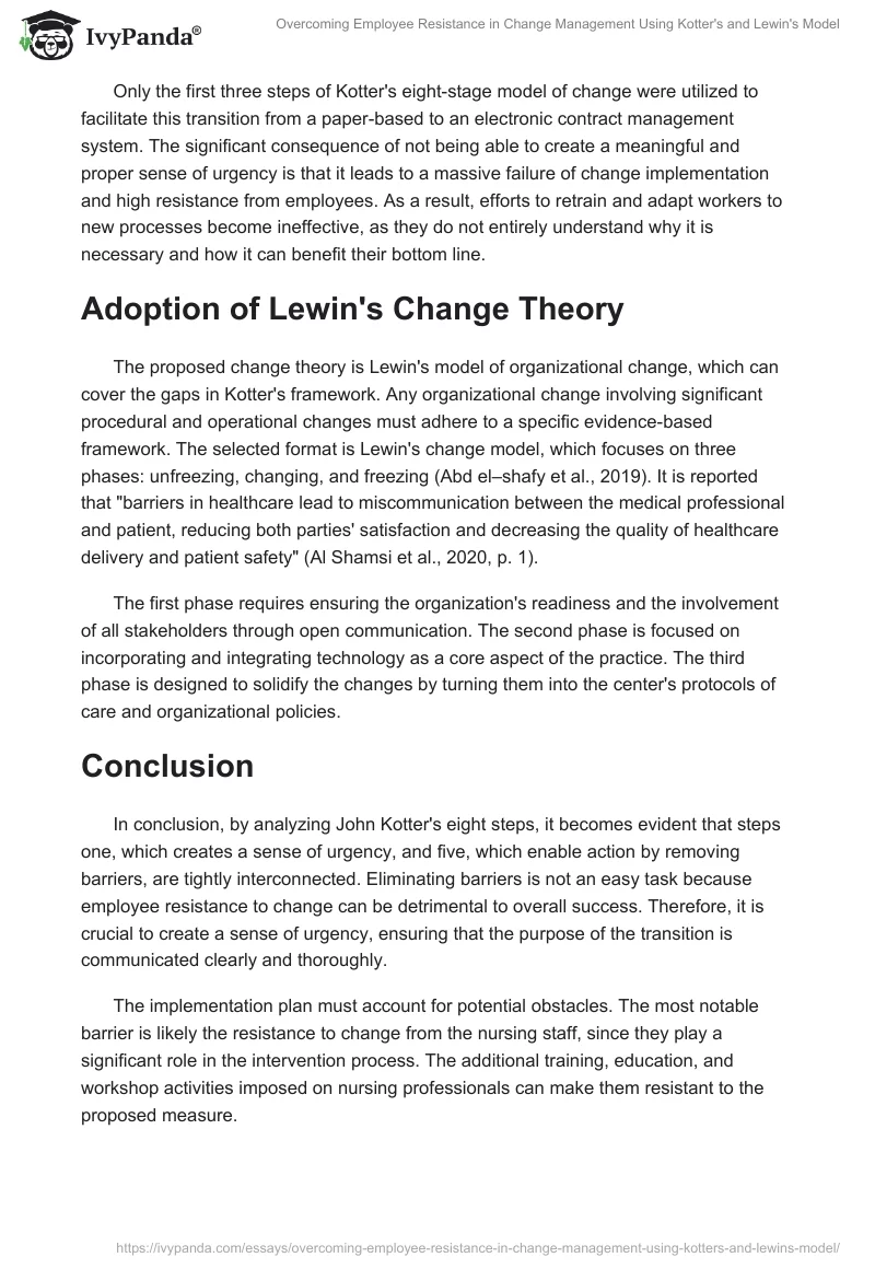 Overcoming Employee Resistance in Change Management Using Kotter's and Lewin's Model. Page 2