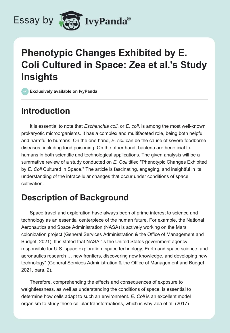 "Phenotypic Changes Exhibited by E. Coli Cultured in Space": Zea et al.'s Study Insights. Page 1