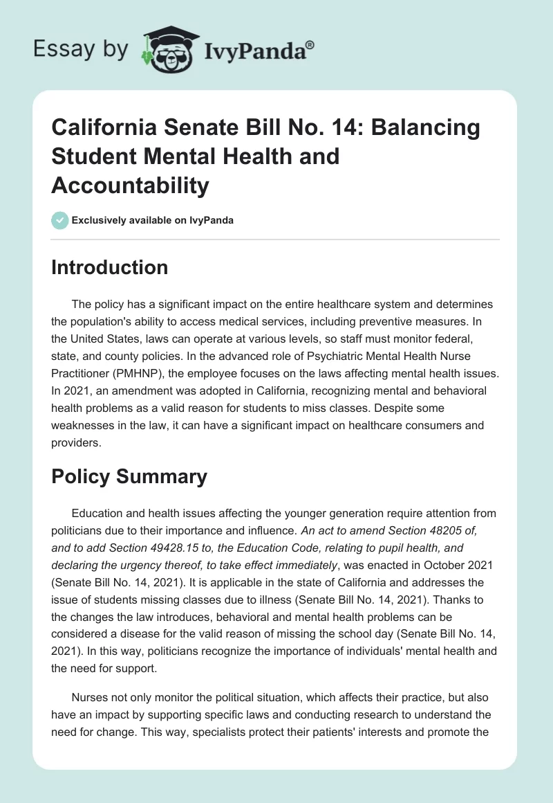 California Senate Bill No. 14: Balancing Student Mental Health and Accountability. Page 1