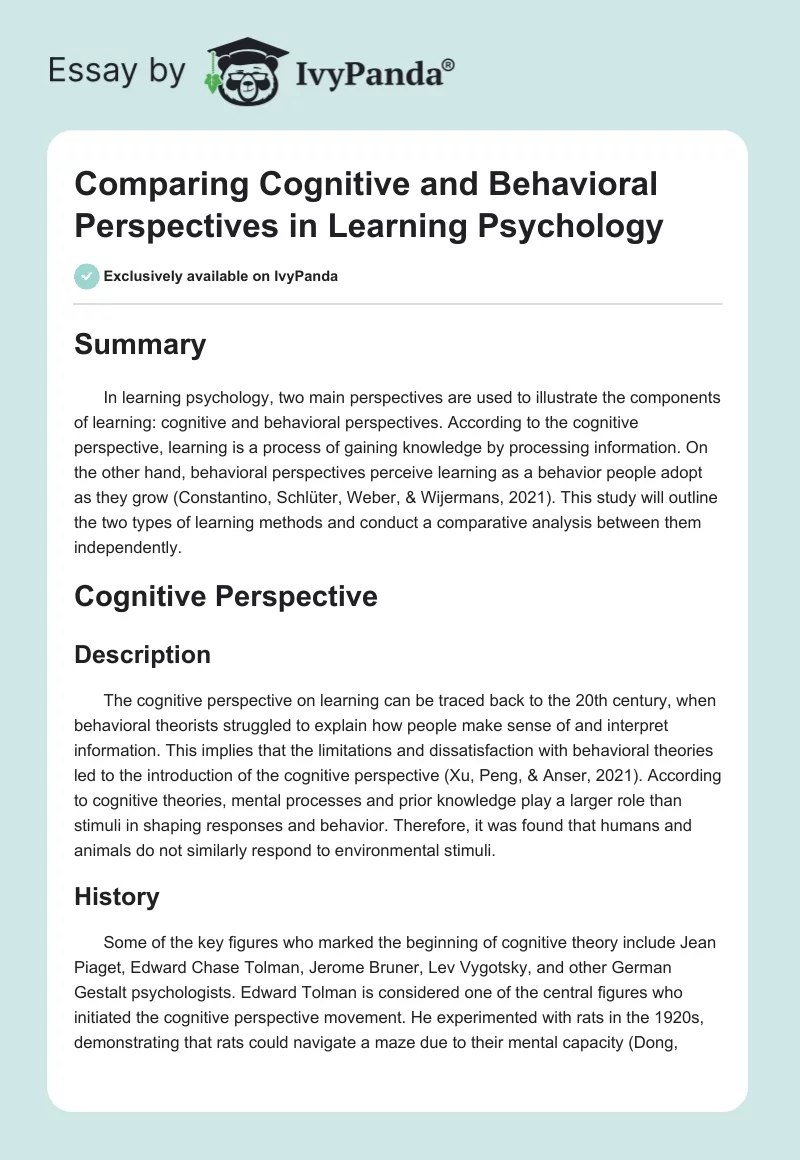 Comparing Cognitive and Behavioral Perspectives in Learning Psychology. Page 1