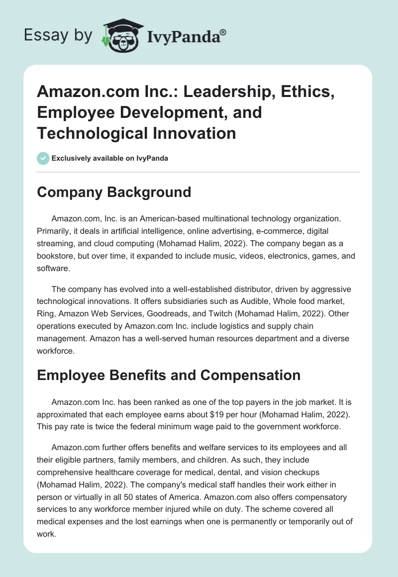 Amazon.com Inc.: Leadership, Ethics, Employee Development, and Technological Innovation. Page 1