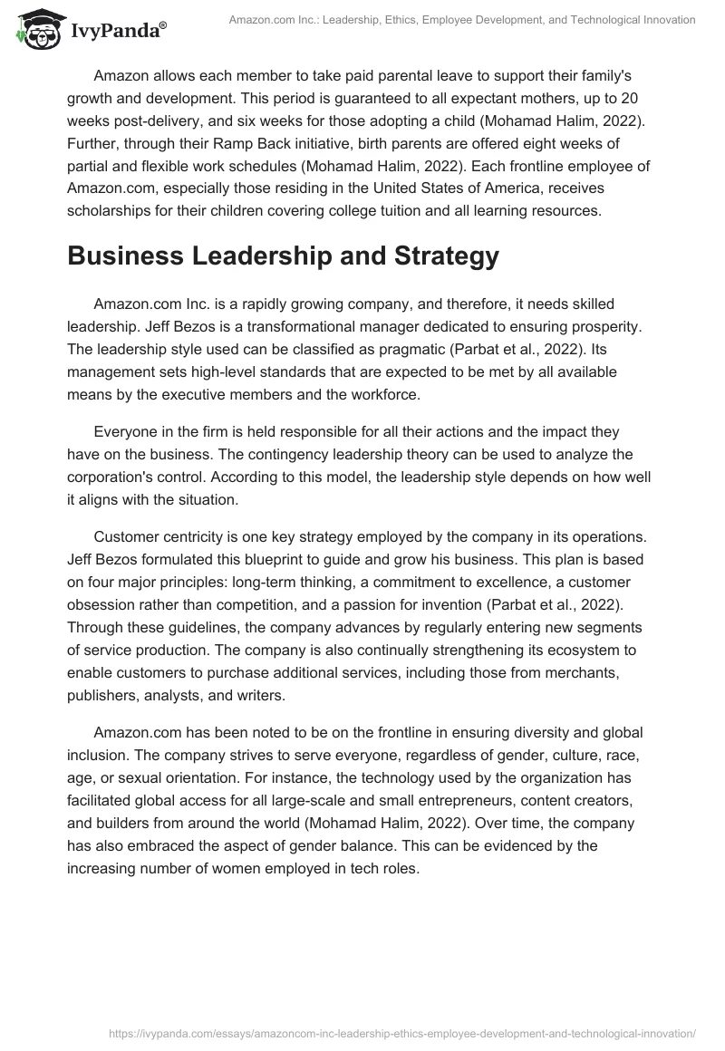 Amazon.com Inc.: Leadership, Ethics, Employee Development, and Technological Innovation. Page 2